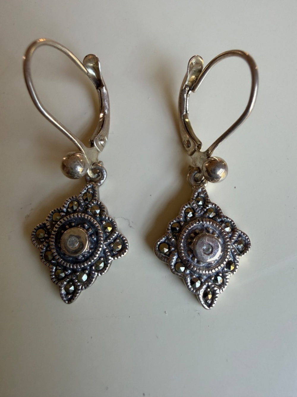 Vintage Judith Jack Sterling Silver Marcasite Leverback Drop Earrings